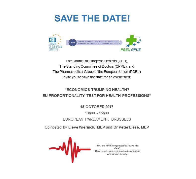 MiriamDAmbrosio's tweet photo. #SaveTheDate! @CPME_EUROPA @CEDentists @PGEU event 'Economics Trumping #Health? EU #ProportionalityTest for Health Professions' on Oct 18 https://t.co/AH4Q0DWyhc