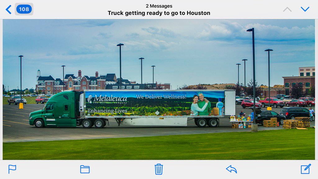 FLVanderSloot's tweet photo. Melaleuca truck being loaded in Idaho Falls. Headed to Houston. Full of food and Melaleuca products. To the rescue! https://t.co/CZfR6p0Qso