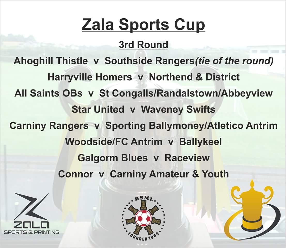 Zala Sports Cup 
3rd Fixtures

<a href="/Ahoghillthistle/">Ahoghill thistle FC</a> v Southside Rangers tie of the round

Good luck to all the remaining teams 

#zalasportscup