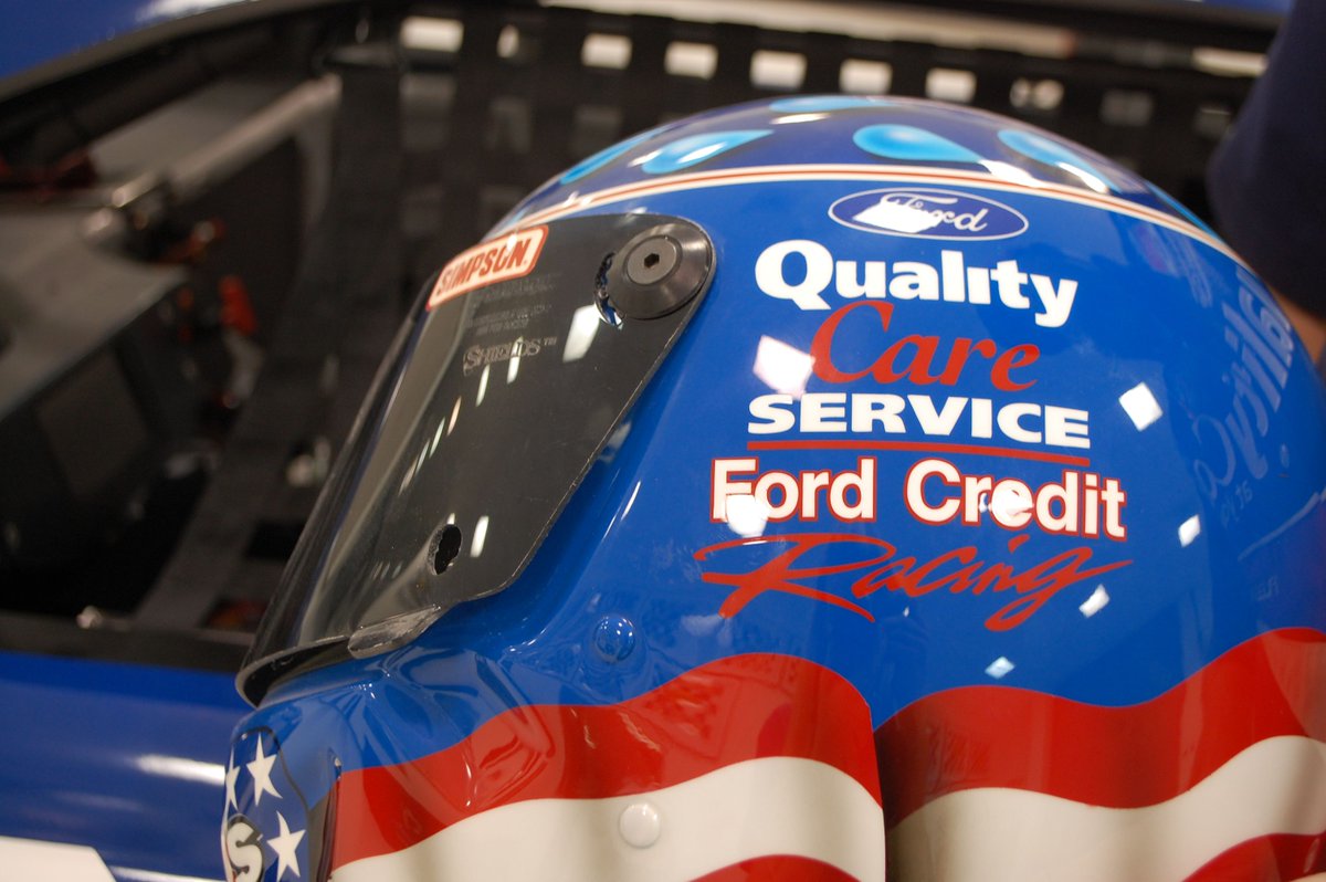 roushyates's tweet photo. Richard Yates in his ORIGINAL @FordPerformance Quality Care gear with a item that sits on his desk; @DaleJarrett 's helmet! #RYEThrowbackDay https://t.co/JAucw3taA5
