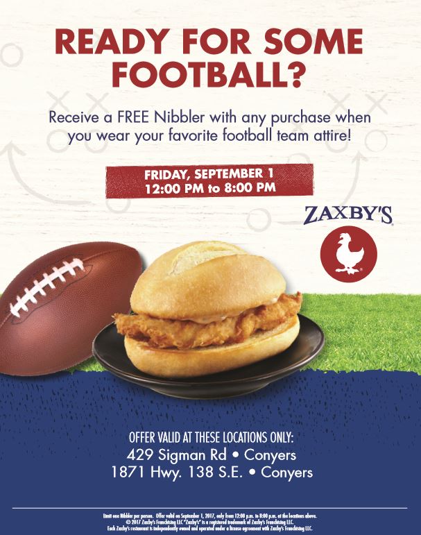 ConyersMiddle's tweet photo. @ConyersMiddle families wear your favorite football team attire to our #WorldClassBusinessPartner @Zaxbys on Sigman &amp; get a free Nibbler!! https://t.co/njiboYTSzX