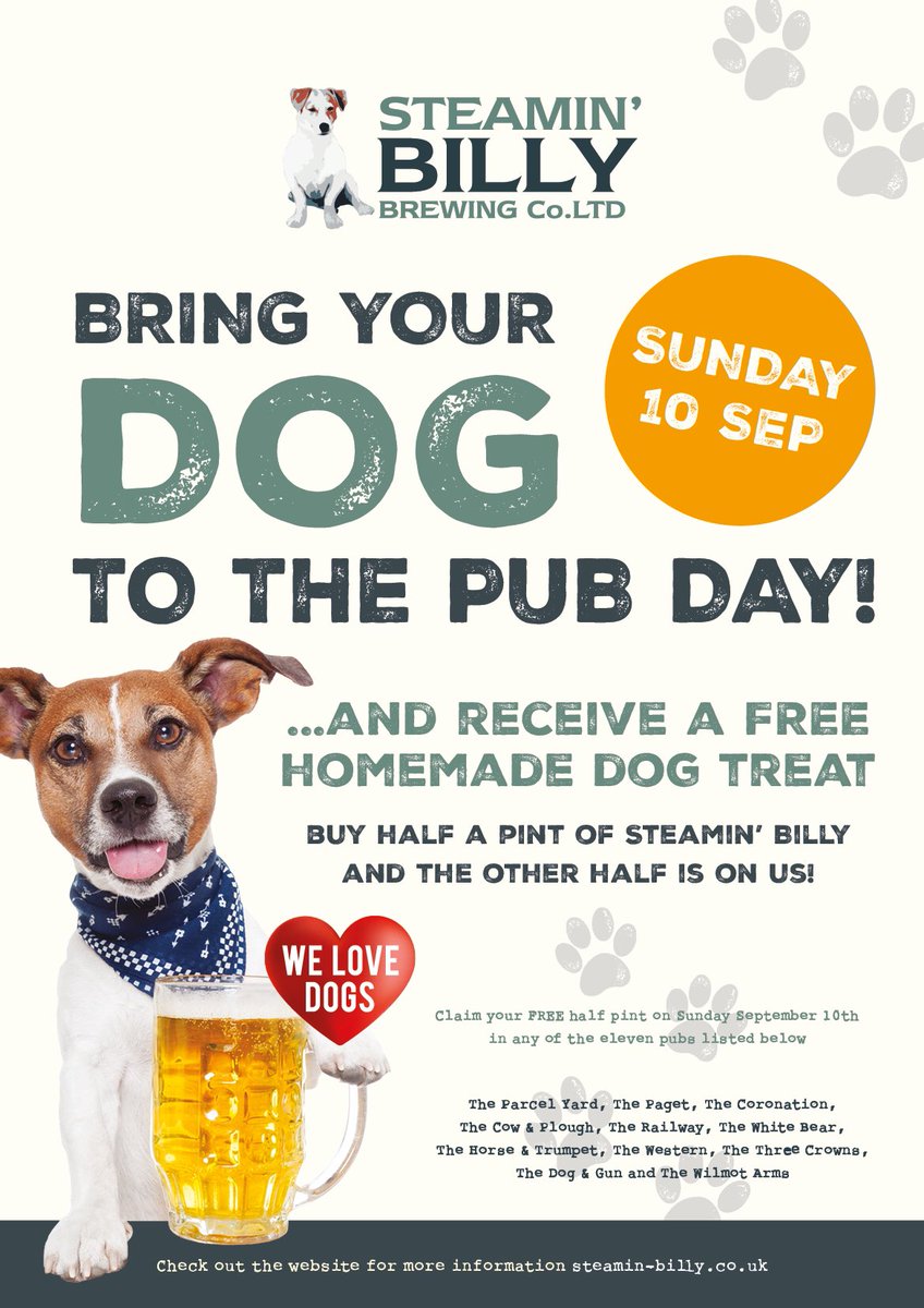 Bring your furry friends to the pub on Sunday 10th September &amp; they'll enjoy a free dog treat as well as a free half pint for yourself 🐶🍺
