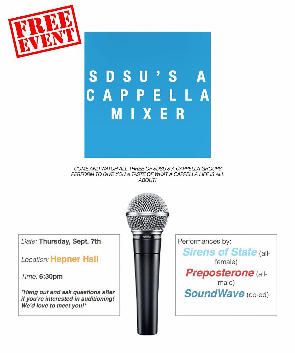 Our a cappella mixer with Preposterone and SoundWave will be held next Thursday at 6:30PM! Hope to see y'all there!