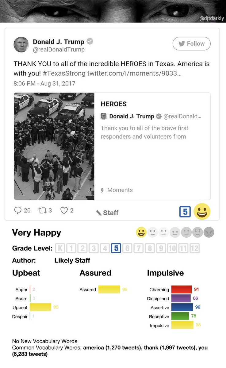 djtdarkly's tweet photo. .@realDonaldTrump #stafftweet #assured #happy #impulsive #upbeat #5thgrade #TexasStrong https://t.co/zIHDLz8vD3 https://t.co/IxWCyBtrkW