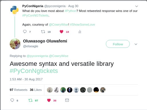pyconnigeria's tweet image. Looks like this one was already decided. Congratulations @elseagle on a well deserved win! See you at #PyConNG2017

#PyConNGTickets #PyConNG