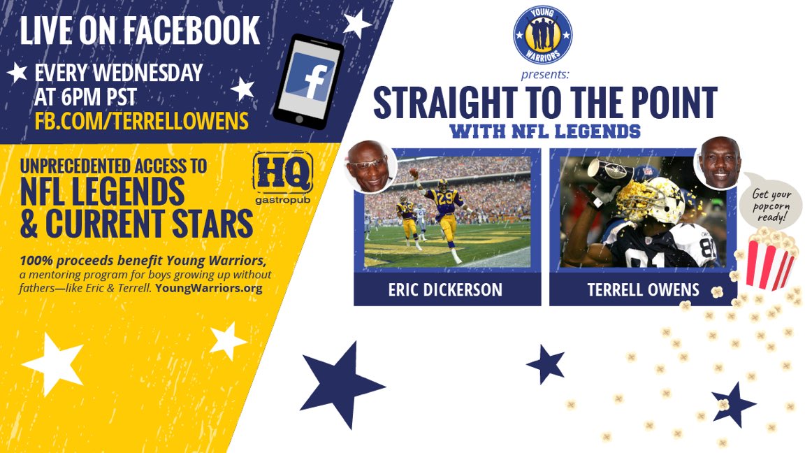Next Wednesday, and every Wednesday <a href="/terrellowens/">Terrell Owens</a> and I will be LIVE <a href="/HQgastropub/">HQ Gastropub</a> thanks to <a href="/YoungWarriorsLA/">Young Warriors</a> #FatherlessNoMore