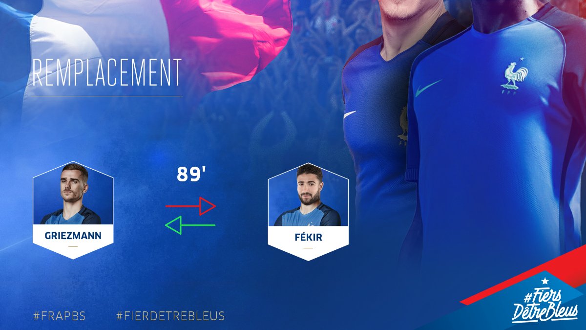 equipedefrance's tweet photo. Sortie d' @AntoGriezmann ! 1 but, 1 passe décisive... Propre!👌 #FRAPBS #FiersdetreBleus https://t.co/ypuMDBZl9p