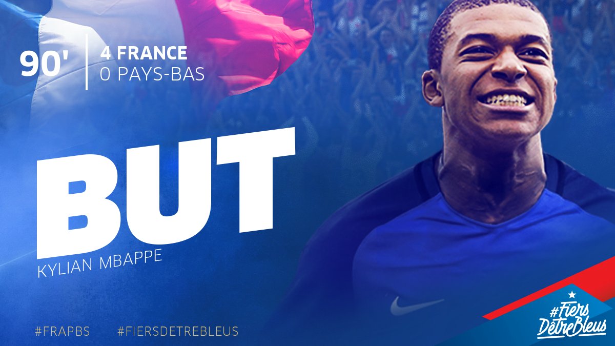 equipedefrance's tweet photo. PREMIER BUT DE @Kmbappe EN EQUIPE DE FRANCE POUR LE 4-0!!!🔥🔥🔥 #FRAPBS #FiersdetreBleus https://t.co/NAxedZtYUX
