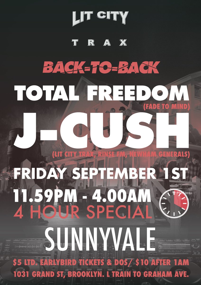 LITCITYTRAX's tweet photo. NYC THIS FRIDAY

L I T C I T Y R A V E

@TOTAL_FREEDOM_ 
BACK 2 BACK
@JCUSH

ALL NIGHT LONG

INFO+TIX:
https://t.co/Ka8BhU94v7

@sunnyvalebk https://t.co/8CEY0eBMhj