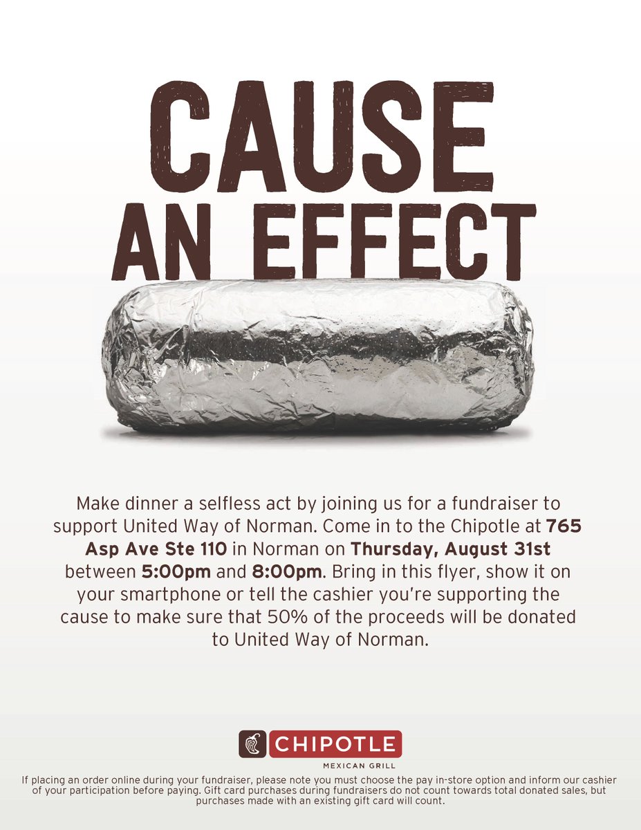 UnitedWayNorman's tweet photo. It's @bankffb Chipotle Day on Campus Corner! Tell them you're there for UWN &amp; 50% of the sale gets donated here. #LiveUnitedNorman https://t.co/2KttYnPAeJ