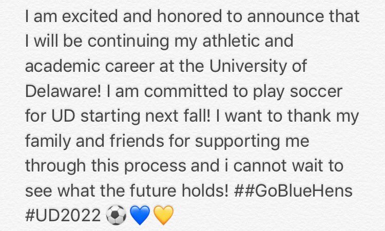 rachfinel's tweet photo. I am excited and honored to announce that I will be continuing my athletic and academic career at the University of Delaware! #BlueHens ⚽️💙💛 https://t.co/EQ3RRly4ZC