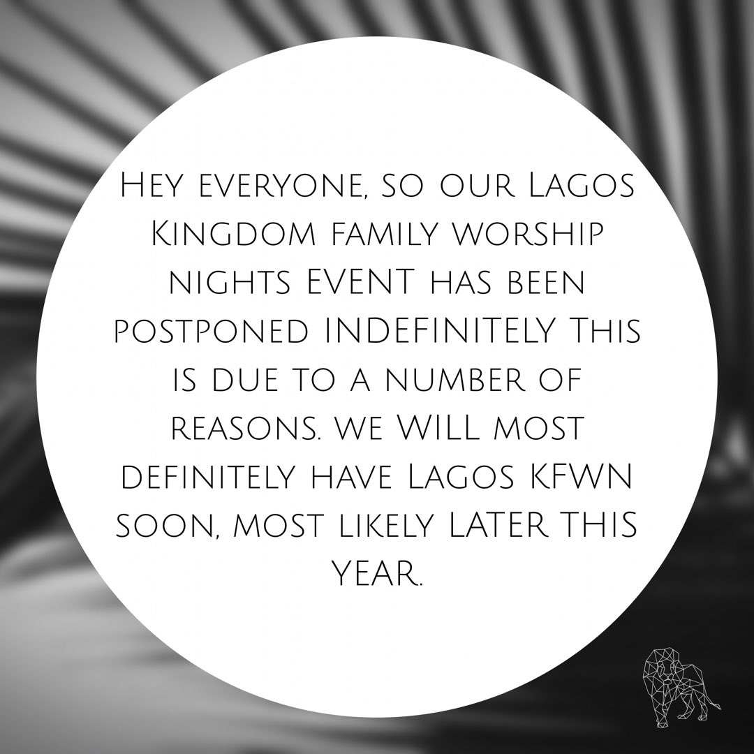 connectKF's tweet photo. Hey all! We'd like to inform you that #KFWN3 in Lagos has been postponed indefinitely. Apologies for any inconveniences. We love you. ❤️ https://t.co/vlbkS2LiPQ