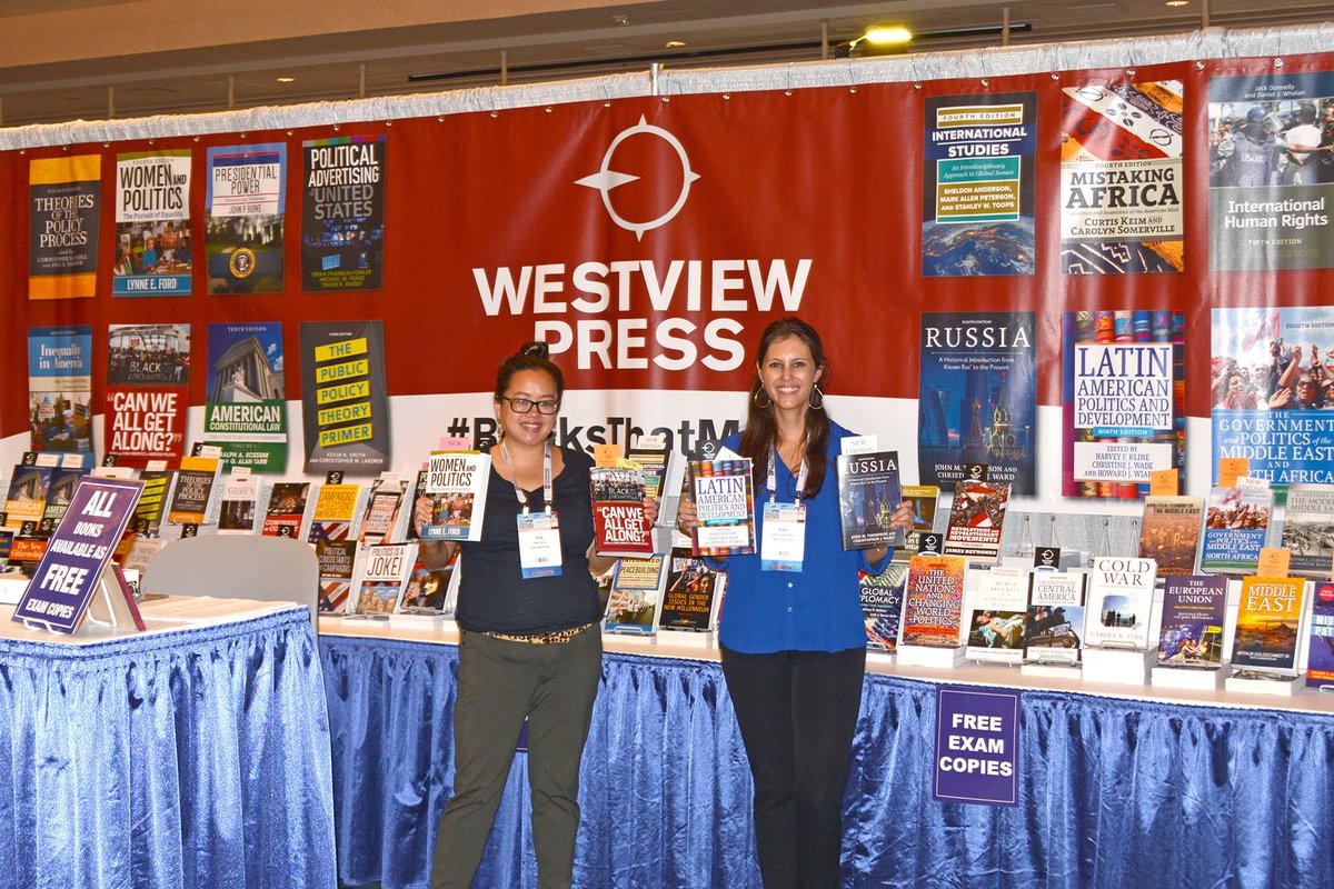 WestviewPress's tweet photo. The exhibit hall is open until 5:30 PM! Swing by for $5 pb, $10 hc, &amp; free exam copies at booth #510! #APSA2017 #APSA17 #BooksThatMatter https://t.co/TpyWyVCwOd