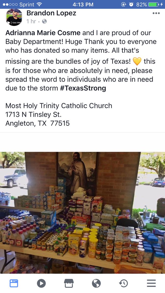 SM_Rollins's tweet photo. Diapers, food, wipes...etc. One of the churches in Angleton. If you're in need, (safely) come out! #BCounty #HurricaneHarvey #TexasStrong https://t.co/to6IbJUhZp