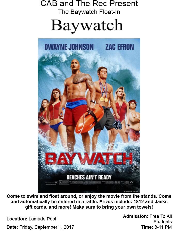 lycocab's tweet photo. Don't miss CAB's screening of Baywatch in the pool tomorrow at 8pm! Bring a towel, a swimsuit, and some friends. Have fun! https://t.co/BNz5YJXl7n