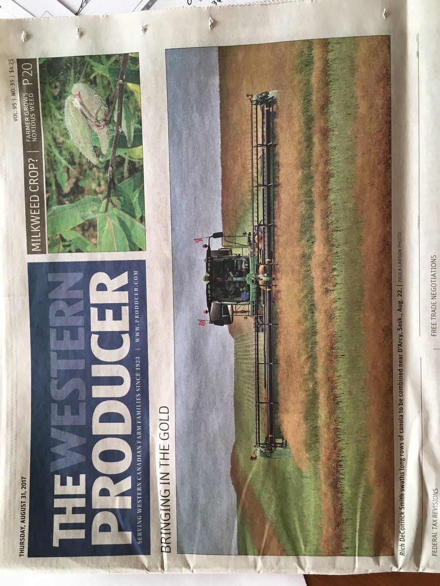 CarldeConinck's tweet photo. Our swather man Uncle Rich made front cover of @westernproducer #johndeere #w235 https://t.co/9E1ympdAIi