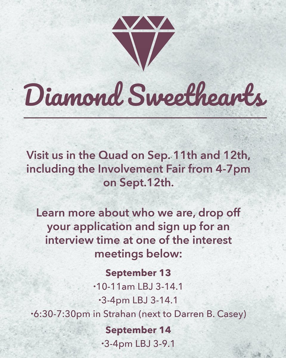TxStDSweets's tweet photo. Do you wanna be a DSweet?💕💎 Stop by in the Quad next week and come to one of the interest meetings! Feel free to reach out with questions! https://t.co/fPLO8qvQCt