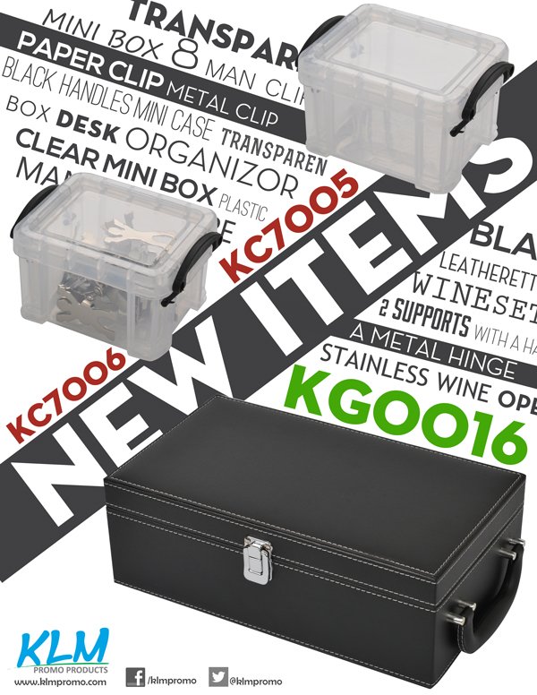 Check out our new items KG0016-wine set in a leatherette case, KC7005-mini storage box and KC7006-mini storage box with paper man clip.