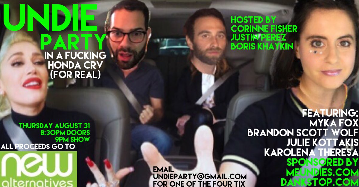 email undieparty@gmail.com to see comedy in a Honda CR-V. Only two tickets left, free booze and pizza with tickets HOLY SHIT THATS COOOL