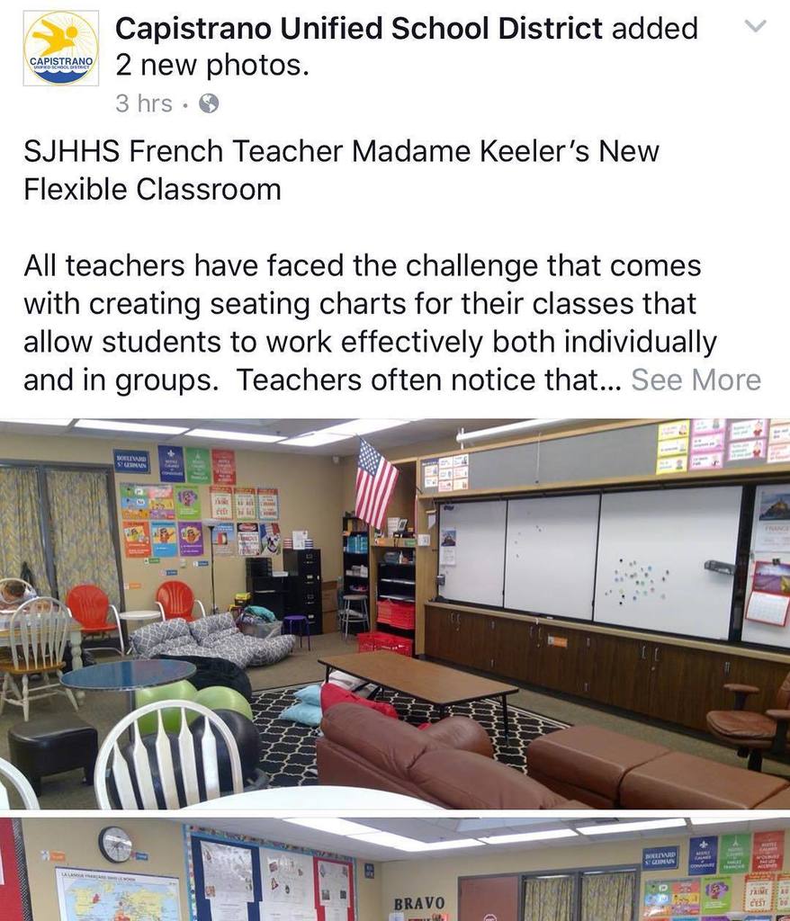 Smalley_Jen's tweet photo. Madame Keeler's flexible seating classroom was featured on CUSD's Facebook. So proud of her! #SJHHS #RFTB #flexibl… https://t.co/TnuxFSuTRg https://t.co/DQ8bUEinXY