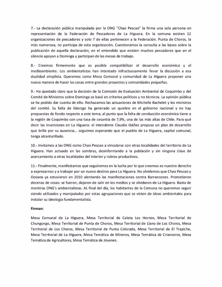SiADominga's tweet photo. Declaración pública de La Higuera por caso Dominga @guidogirardi @_adrianamunoz @raulsaldivarps @mbachelet @marcelomena @chaopescao_ https://t.co/kUz1hYTFtQ