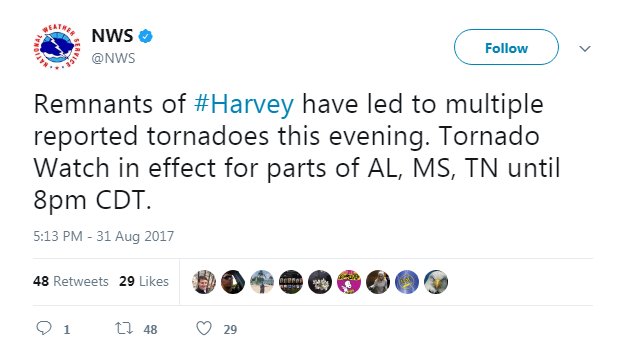 NBCNews's tweet photo. JUST IN: Tornado watch in effect for parts of Alabama, Mississippi, and Tennessee, says National Weather Service https://t.co/L2nwhrGB36