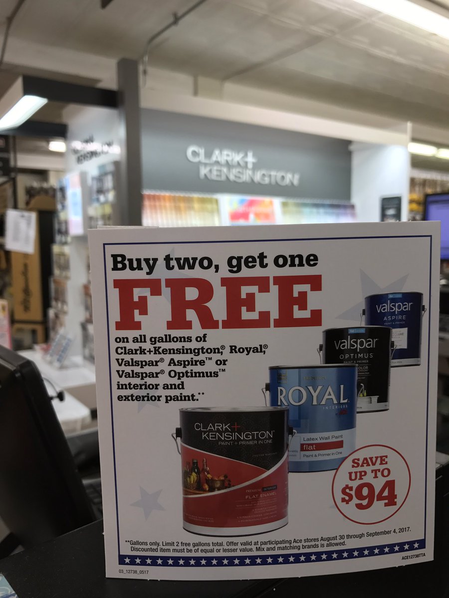 Ace has a great paint line.  3 days only, buy 2 get 1 Free.  Come in and see us for complete details.  Sale ends Sunday.