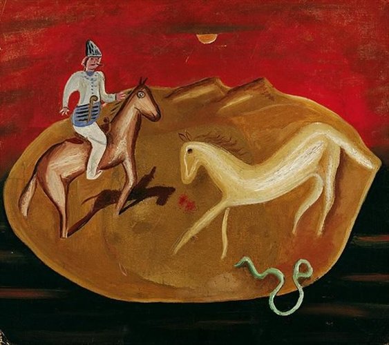 Knight, White Horse and Snake by <a href="/artistbrauner/">Victor Brauner</a> goo.gl/2S5NXJ #fineart #brauner