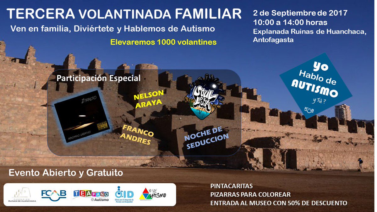 Danielabcardena's tweet photo. Este sábado en #Antofagasta ven a hablar de #Autismo con nosotros. Zumba, música, pintacaritas, museo, 1000 volantines. Inclúyete Gratis! https://t.co/jx8j7FlXCE