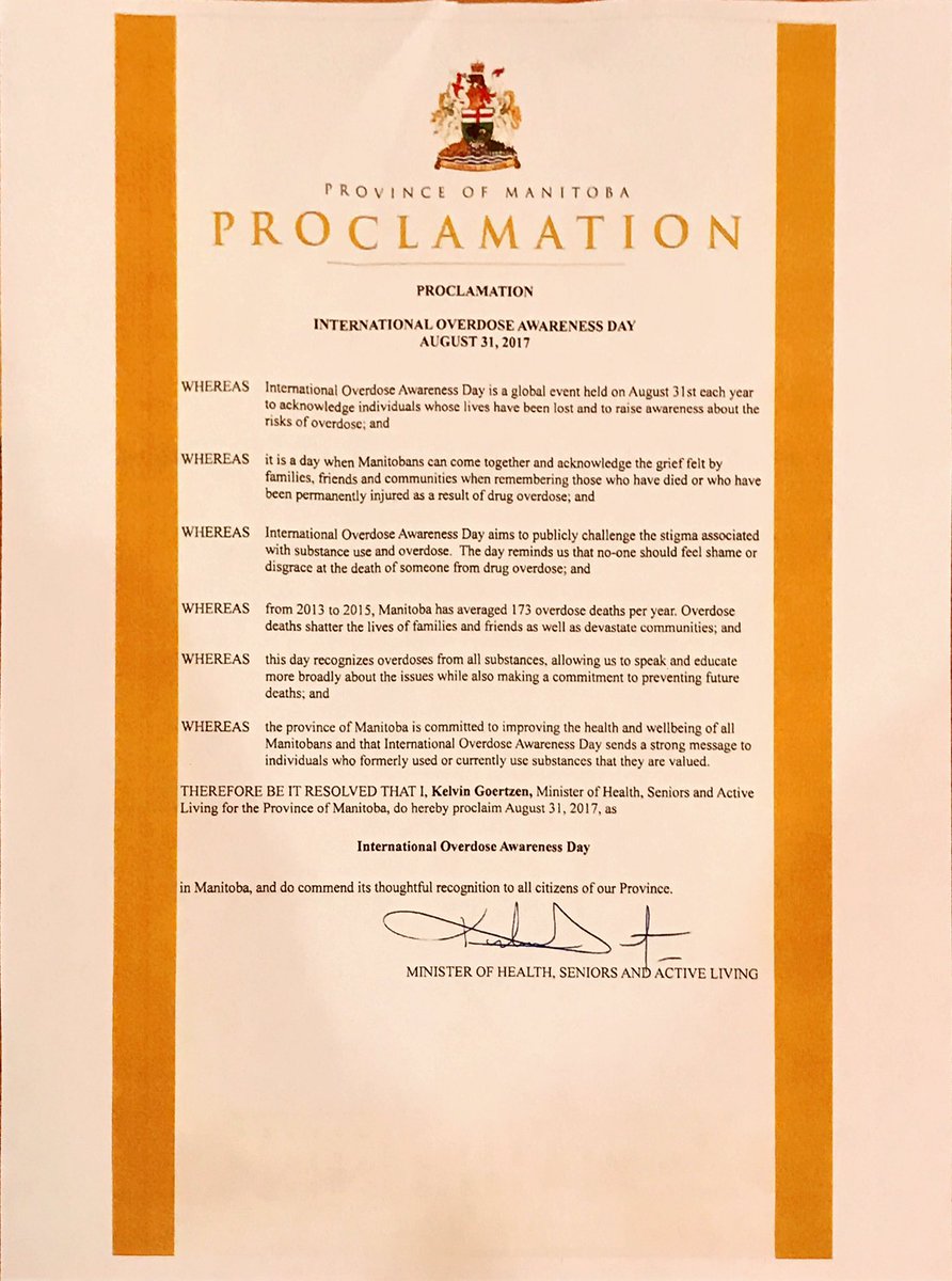 reghelwer's tweet photo. Proclamation of August 31 as International Overdose Awareness Day on behalf of the Government of Manitoba and Hon. Kelvin Goertzen. https://t.co/2IrYZTR2xQ