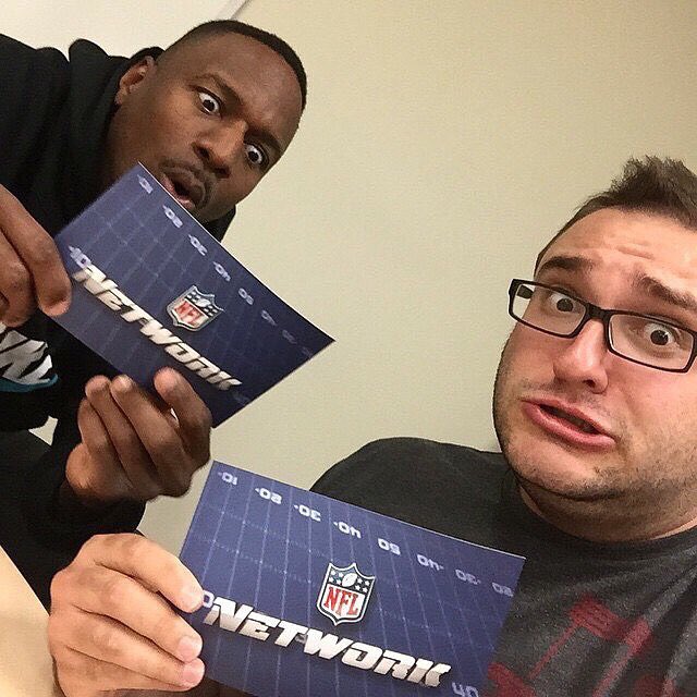 IamJRushing's tweet photo. Happy Birthday to my pal, @jordanbabineaux! Here's a throwback from one of our 1am production meetings from #NFLAM days 🏈📺🎂#NeauxYourRole https://t.co/uzdl2LxGEf