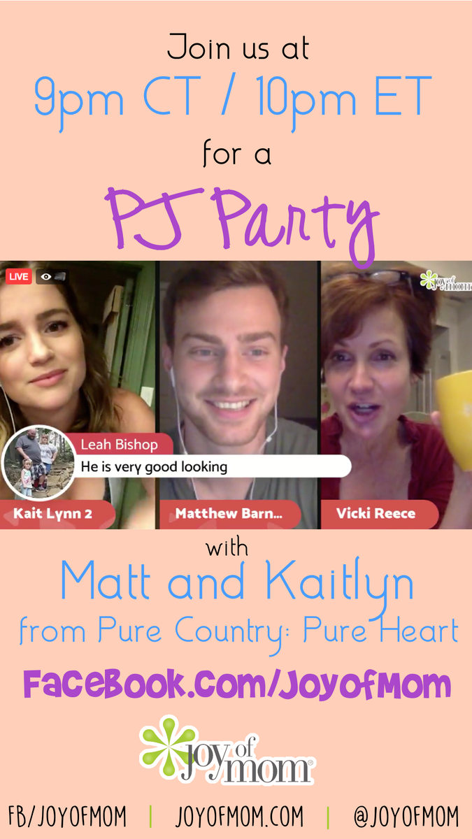 joyofmom's tweet photo. Come ready with song suggestions for Matt & Kaitlyn from #PureCountryPureHeart 9pm CT/10pm ET! https://t.co/bKSNlgNpvm #PJParty #livestream https://t.co/2fHNeJnQ4V