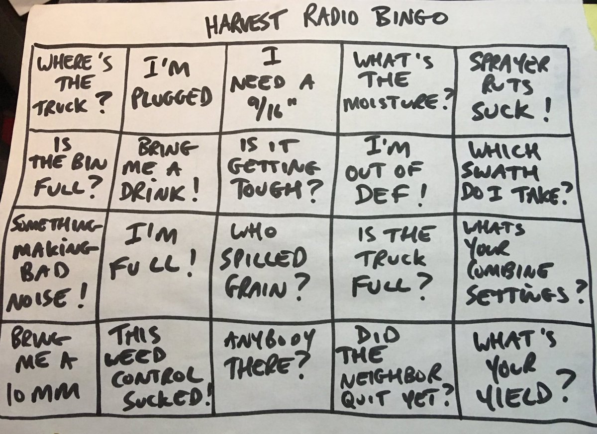 scott_perkin's tweet photo. #Harvest17 bingo game.  Any line wins coffee....blackout wins a day in therapy!  #WestCdnAg #agmorethanever #perkinlandandcattle https://t.co/viuQJLEhWS