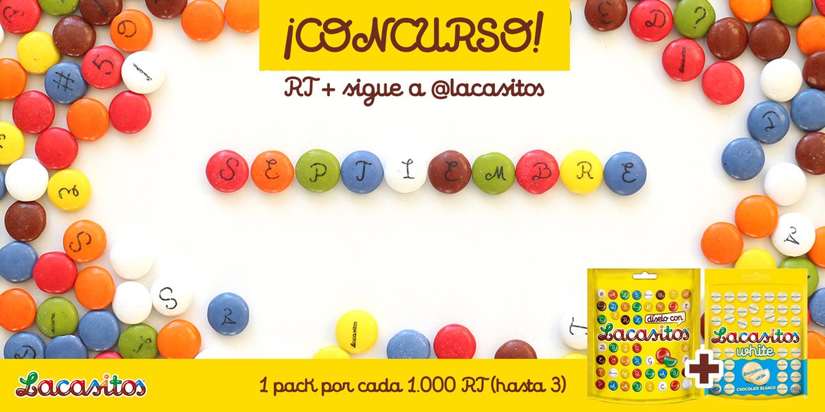 Lacasitos's tweet photo. 📣 ¿Y si empezamos #septiembre... con un CONCURSO?📣
➡️ Haz RT + sigue a @Lacasitos⬅️
Cada 1000RT sorteamos pack Lacasitos + Lacasitos White 🎊 https://t.co/7jaglQrR6s