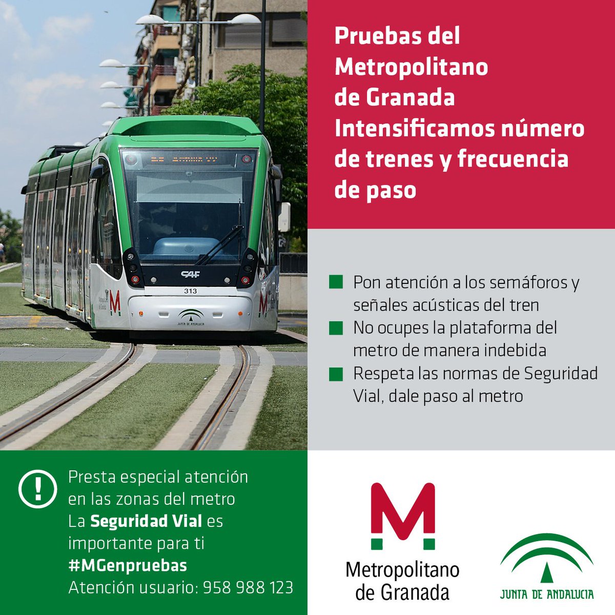 aopandalucia's tweet photo. Último tramo para puesta en marcha, intensificamos campaña de Seguridad Vial de @MetroGranada, recordad que estamos en pruebas. #MGenpruebas https://t.co/fy3oPMN0jG