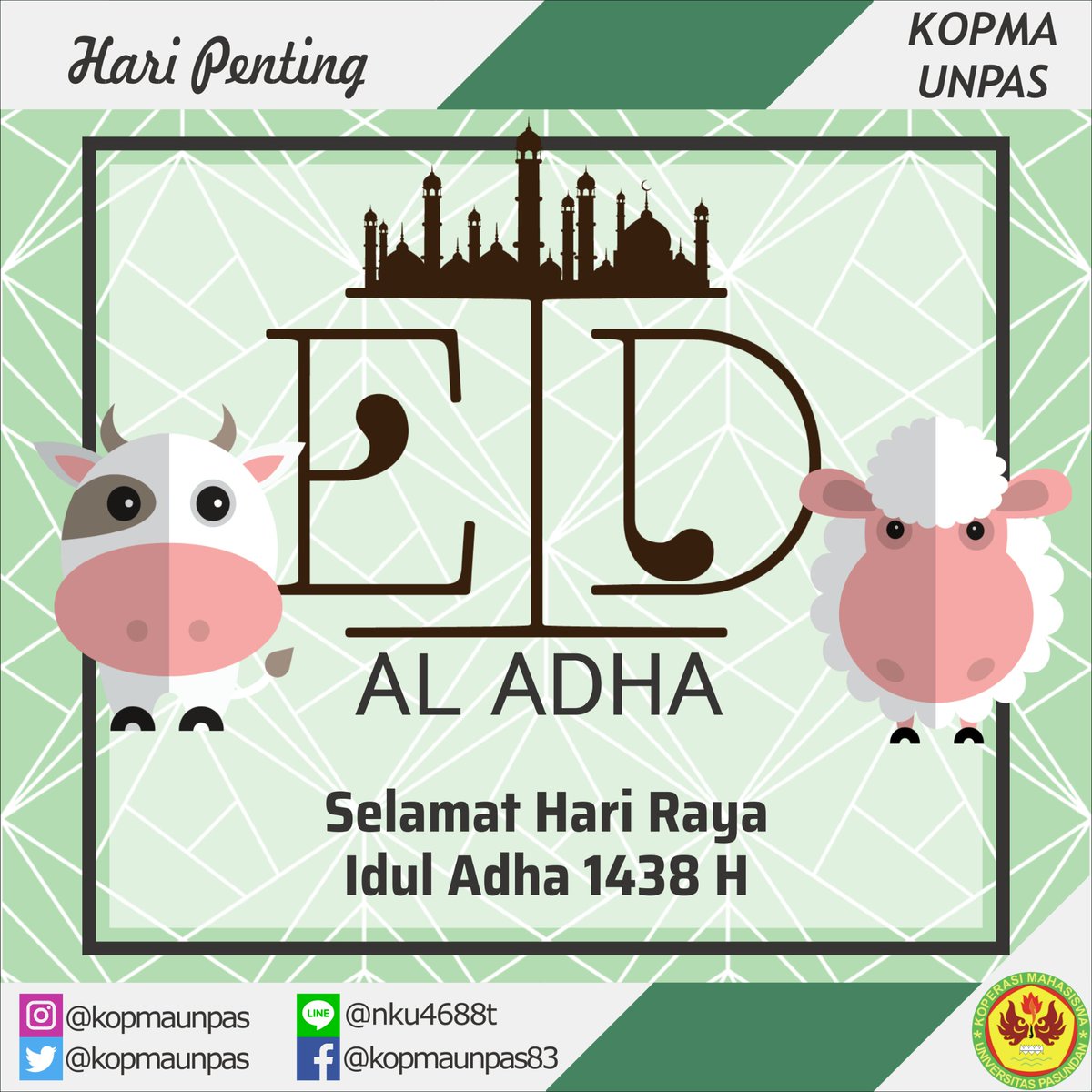 kopmaunpas's tweet photo. [Idul Adha 1438 Hijriah]
Kopma Unpas mengucapkan selamat Hari Raya Idul Adha 1438 Hijriah
.
.
#IdulAdha1438H
#KopmaUnpas https://t.co/lXoO2O0itV