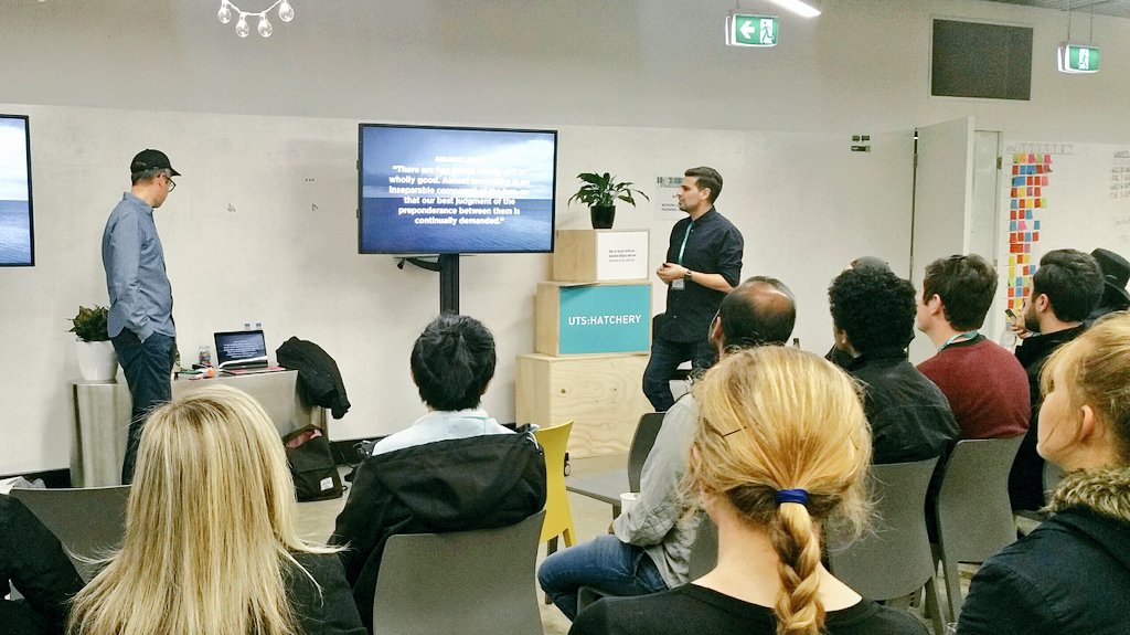 UTSStartups's tweet image. What is the ripple effect your product or service has on the world? @fjord giving us food for thought at our #TechImmersion closing party!