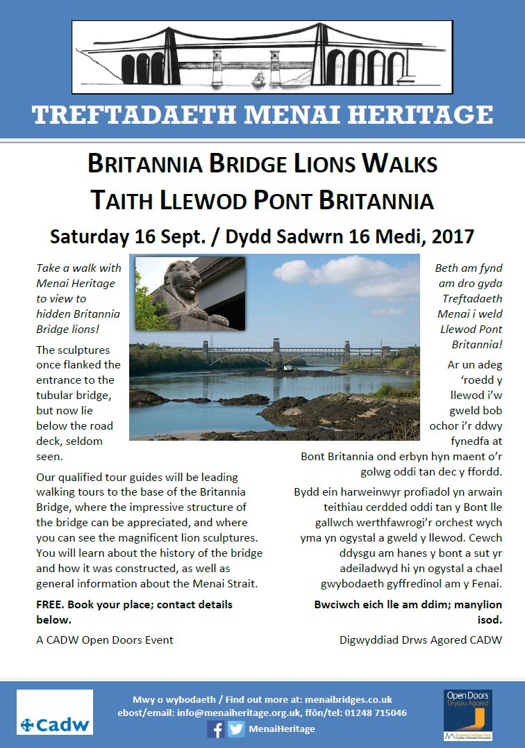Join us for a <a href="/cadwwales/">Cadw</a> #OpenDoors walk to see the Britannia Bridge Lions! Sat. 16 Sept., details at:
menaibridges.co.uk/britannia-brid…