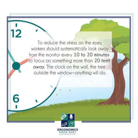 Changing focus to something in the distance will cause the eyes to adjust and give the close-in focus muscles a chance to relax. #ergonomics
