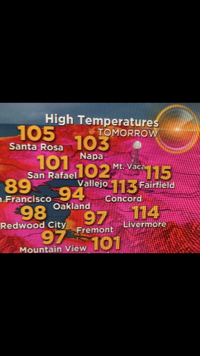 NightBeatTV's tweet photo. #OutsideAndMore forecast: are you ready for the heat that's coming our way?!? From 89 in #SF... 94 in #Oakland... to #Livermore at 114! https://t.co/dJBJMXmfQS