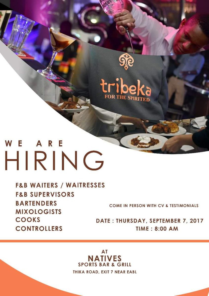 Tribeka Are Hiring Waiters, waitresses, Supervisors, Bartenders, Cooks
