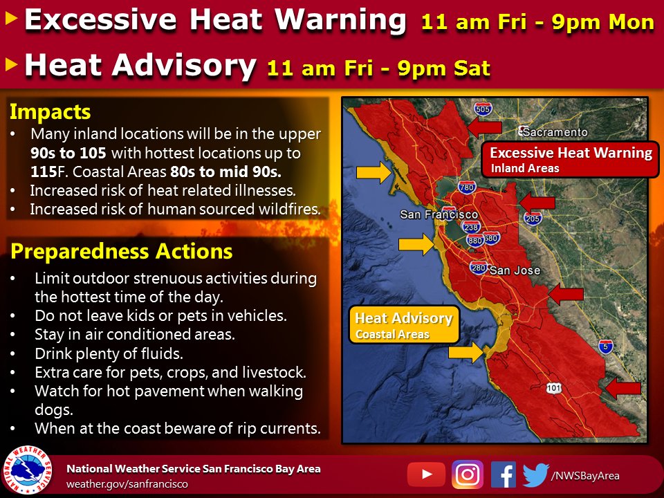 NWSBayArea's tweet photo. Latest Heat-related advisories/warnings.  Note the heat advisory for the coast now begins on Friday instead of Saturday. #cawx #caheatwave https://t.co/l9eDKYblpN
