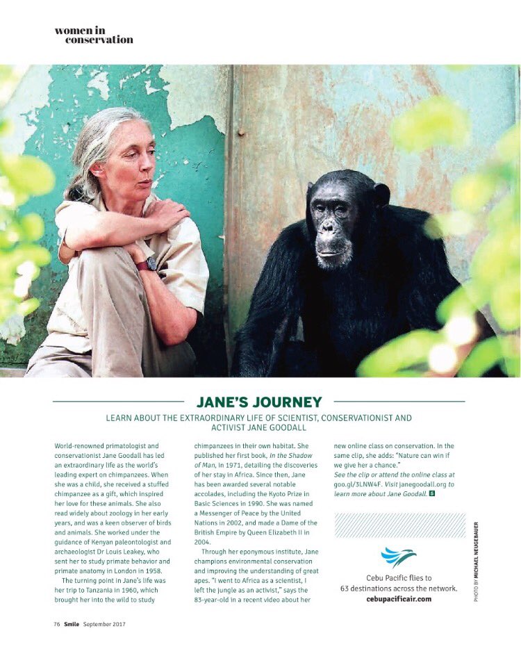PrimateWatching's tweet image. Dr. Jane Goodall inspired me in my journey of primate research #CebuPacificMagazine #Sep2017 #JGISingapore smile.ink-live.com/html5/reader/p…