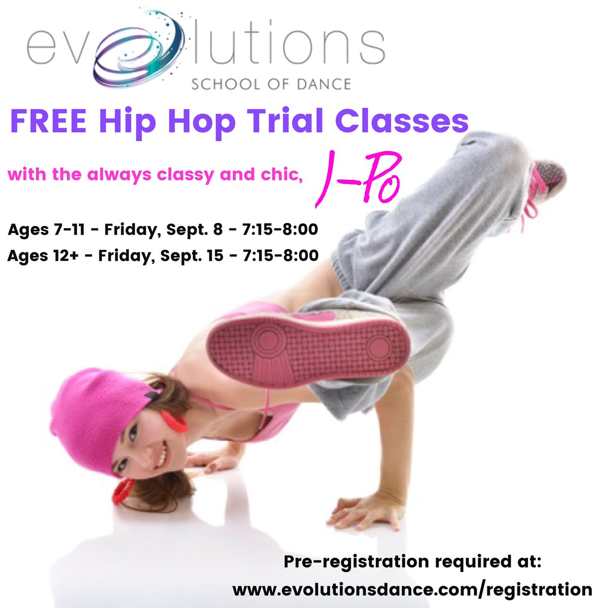 evolutionsdance's tweet image. FREE Hip Hop classes! Come try a class with the lovely J-Po! Pre-register here tinyurl.com/yalcoflo #yycdance #yychiphop #yyckids