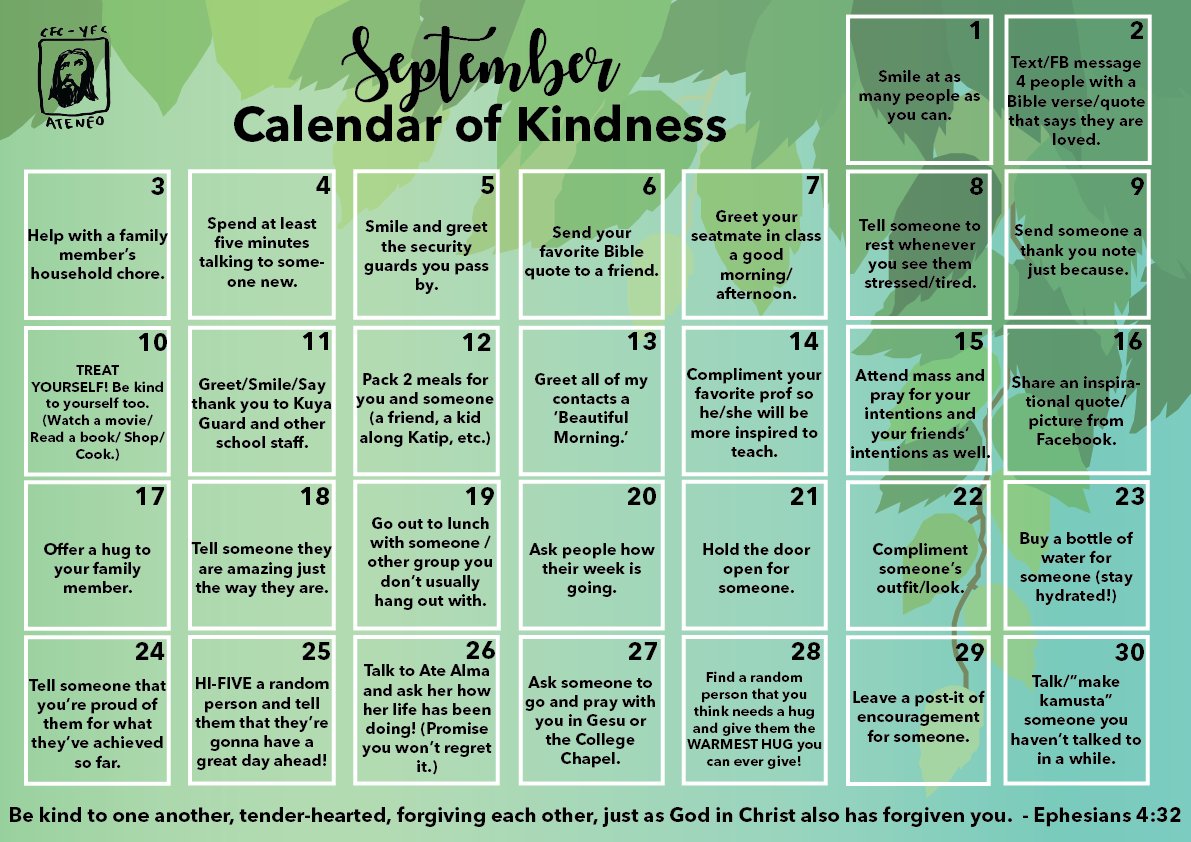 yfcateneo's tweet photo. It's already SHEEPtember! Check out the Calendar of Kindness for this month! 😁🌿 #SelflessSeptember https://t.co/E5mFNDYajf