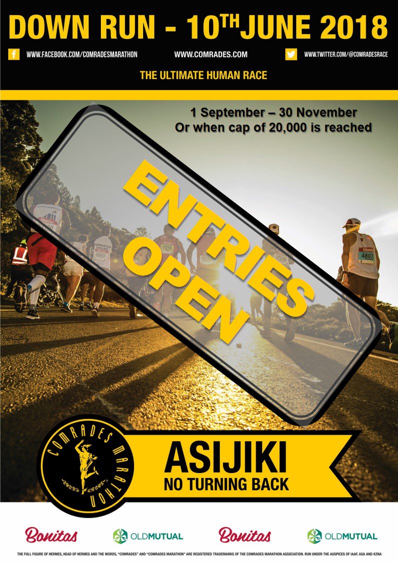 ComradesRace's tweet photo. There's No Turning Back! Entries for #Comrades2018 are open.  Enter online, via the Comrades app or by post/submitting at Comrades House 👊 https://t.co/G7bZoXYaZB