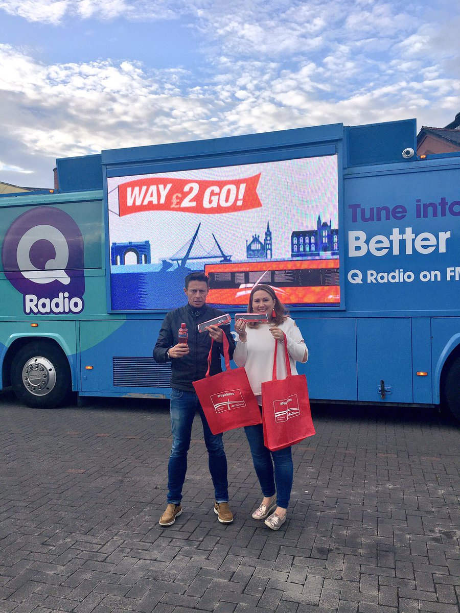 QRadioOfficial's tweet photo. Stephen and Cate are painting the town red today @Translink_NI's #FoyleMetro launch! You can get involved too by tweeting a #RedSelfie https://t.co/HAR6d1nmpU