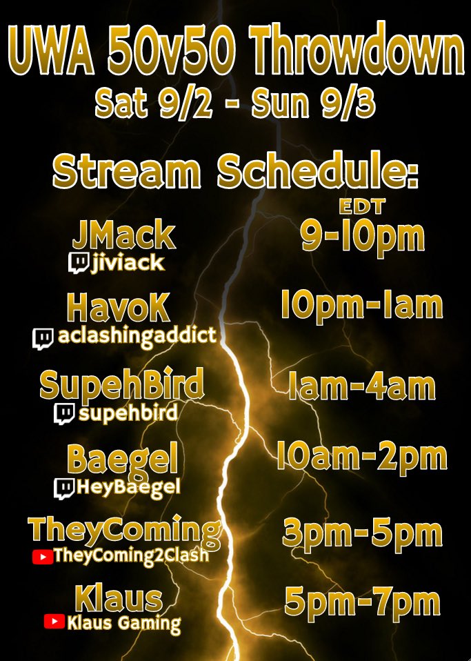 Absolutely INSANE alliance scrim coming up this weekend! 6/15/29 BD 50v50 scrim with the rest of our <a href="/UWA_COC/">United War Alliance</a> friends! Streaming schedule: