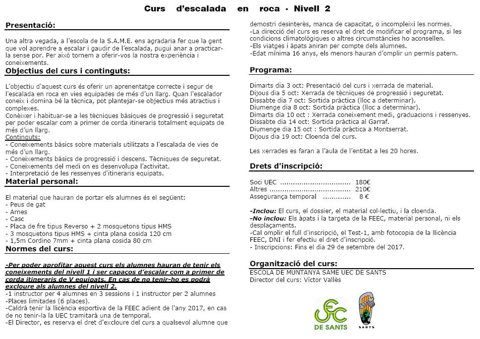samesants's tweet photo. Aquí informació completa #curs #escalada #nivell2 #viallarga proper mes octubre #escolamuntanya #uecsants
Places limitades https://t.co/RNlbMt1Lt0
