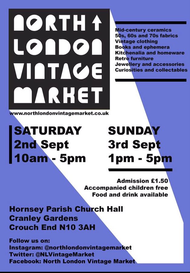 LCRvintage's tweet photo. 🌟 THIS WEEKEND 🌟 in Crouch End, North London 
Vintage clothing, ceramics, mid century, retro furniture, jewellery #crouchend #london https://t.co/axxsgd9RdZ